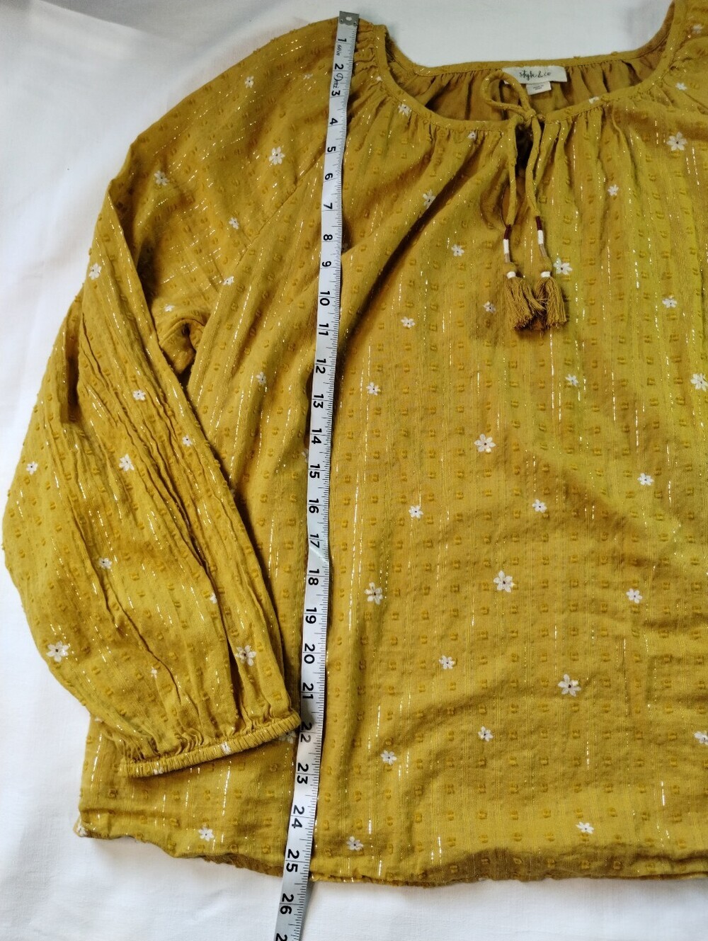 Style & Co. Mustard Floral Peasant Tunic with Tassel Tie - Picture 3 of 10